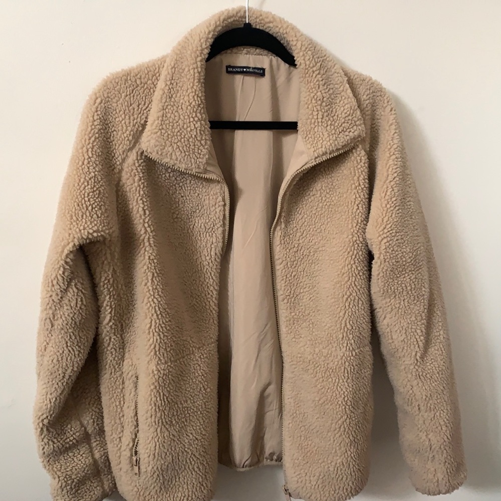 Brandy Melville Teddy Sherpa Bomber Tan Camel oatmeal Beige L